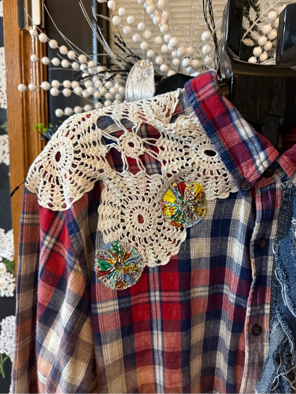 Upcycled Women's Red & Blue Plaid Button-Down Flannel Shirt - Picture 2 of 8